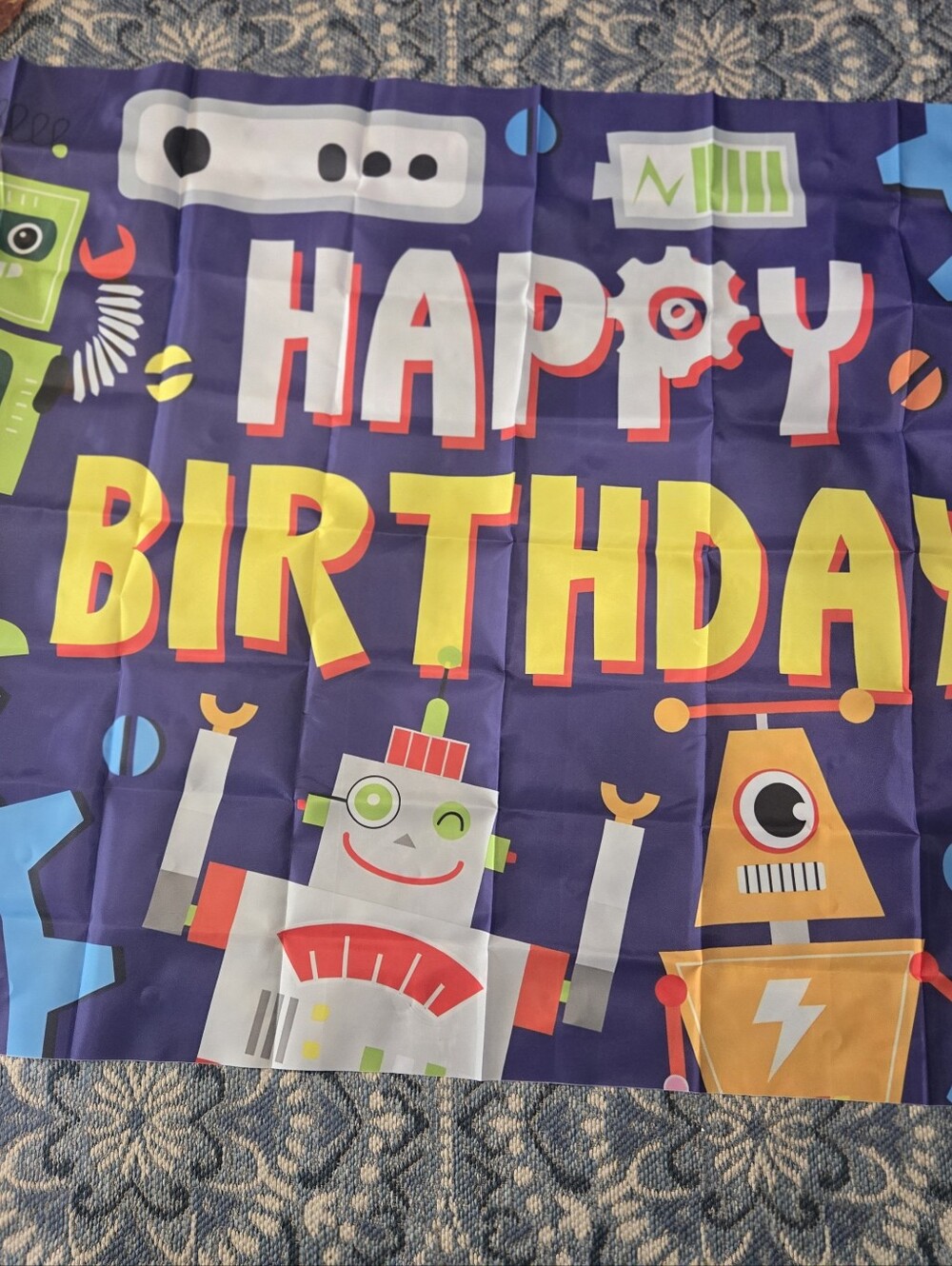 Happy Birthday Robot Banner - Purple and Yellow Party Backdrop